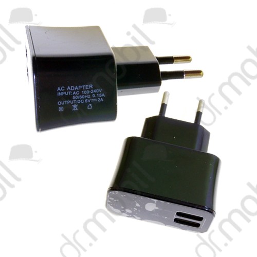 Hálózati töltő 2 x USB aljzat 5V/2A, fekete univerzális