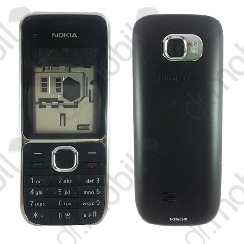 Előlap Nokia C2-01 komplett ház előlap + akkufedél billentyűzet fekete (utángyártott)