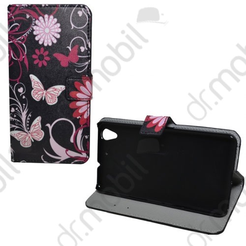 Tok álló bőr Huawei Y6 II (Y6-2) Magnet (flip, oldalra nyíló, asztali tartó funkció, pillangó, virágminta) fekete