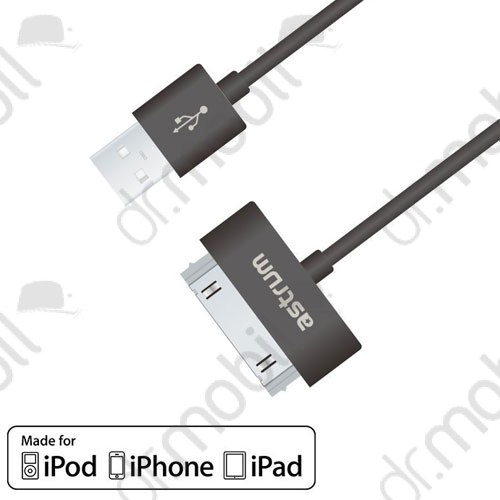 Adatkábel és töltő vezeték Apple iPhone 4 / 4S 1M 30 pin - USB adatkábel fekete MFI engedéllyel astrum A53030-B