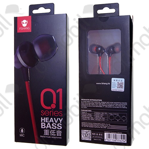 Fülhallgató vezetékes FSHANG Q1 headset 3,5mm heavy bass (gumiharangos, mikrofonos, felvevőgombos) fekete - piros