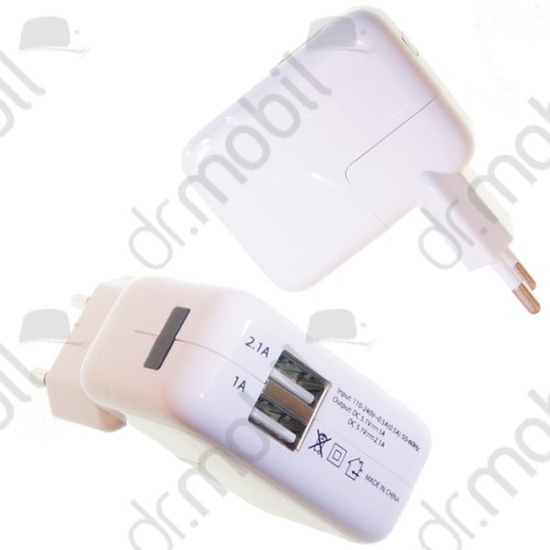 Hálózati adapter két USB csatlakozó 2,1A 220v töltőfej fehér univerzális