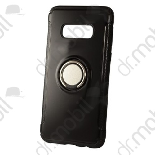 Newer magnetic + ring karbon szélű műanyag tok (ütésálló, fémhatású) Samsung Galaxy S10 (SM-G973) készülékhez, fekete