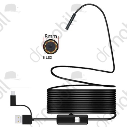 Endoszkópos kamera (vízálló, puha kábel, IP68, LED, 8mm átmérő, 10m, USB / microUSB, Type-C, OTG) 